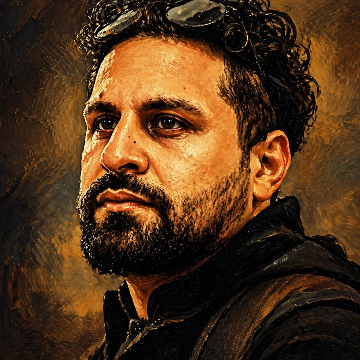 Oil Painting caricature of man with curly hair and a trimmed beard generated by GPT Image 1.5