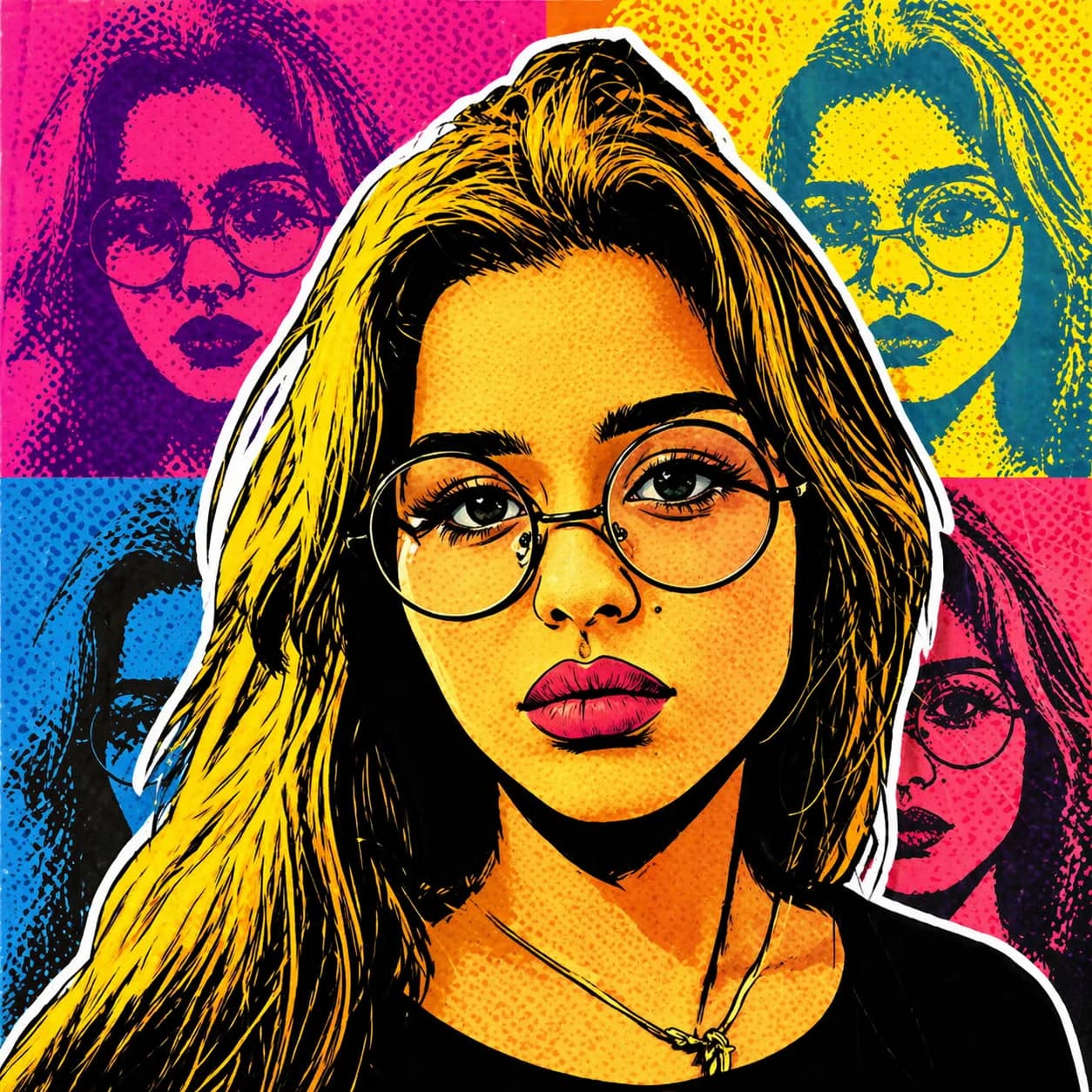 Pop Art caricature of woman in her 30s with round glasses generated by GPT Image 1.5