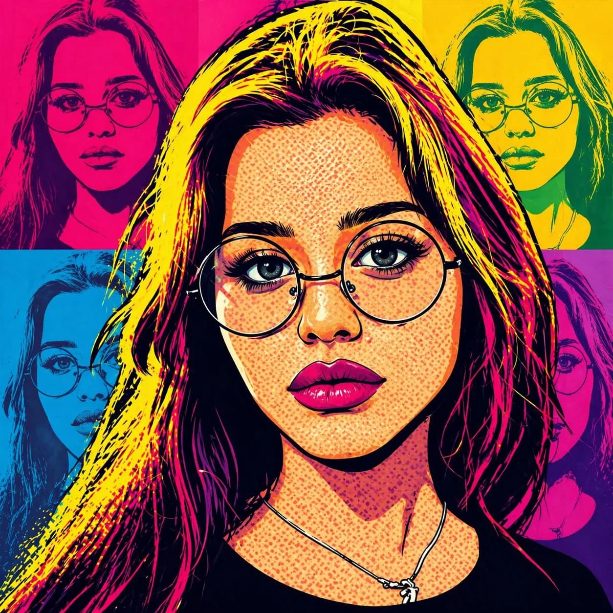 Pop Art caricature of woman in her 30s with round glasses generated by GPT Image 2