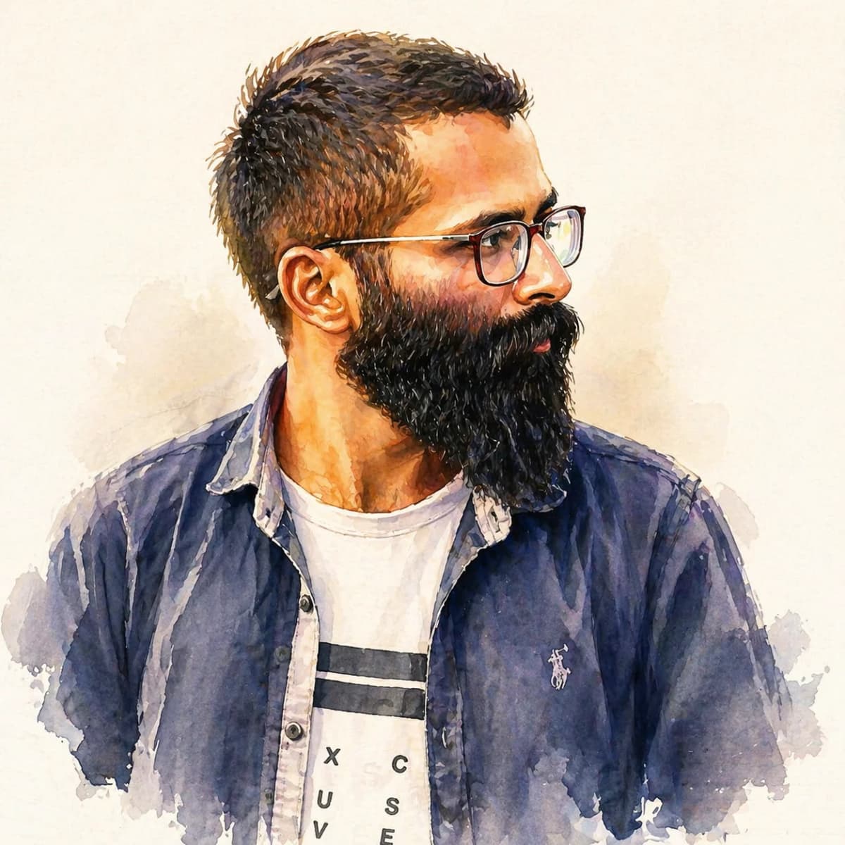 Watercolor caricature of bearded man in his 40s wearing glasses generated by GPT Image 1.5
