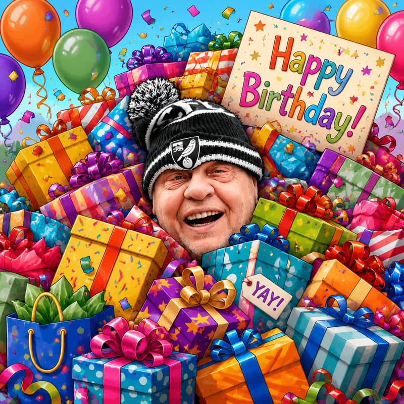 Caricature of a person buried under a mountain of birthday presents, grinning face poking out