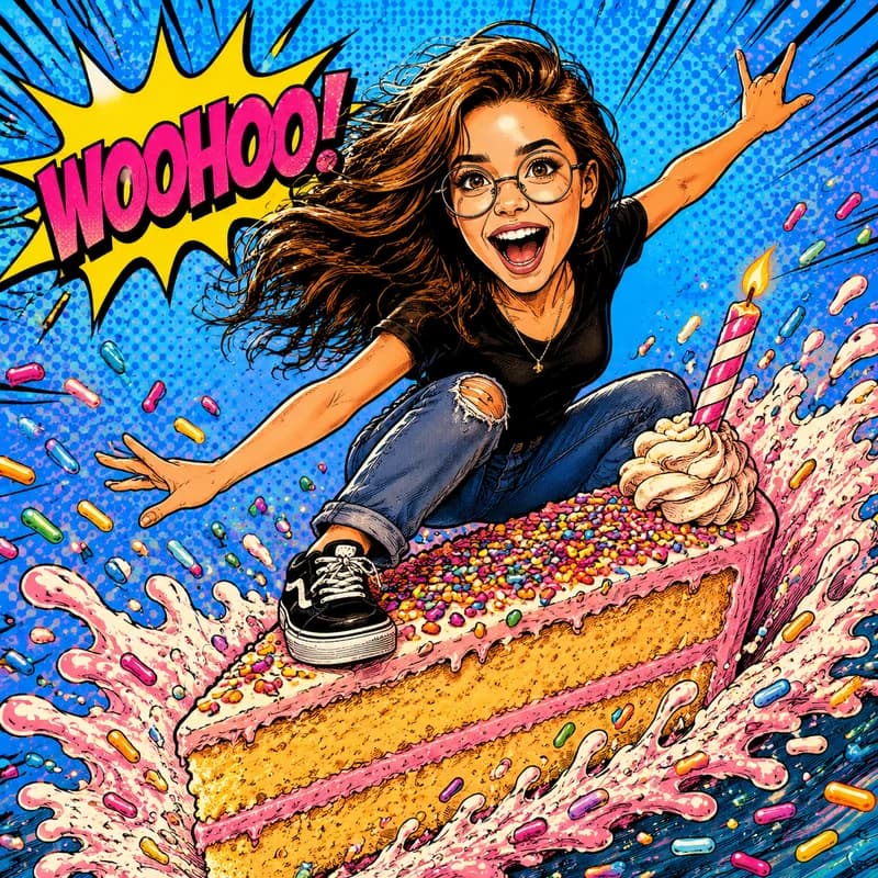Caricature of a person surfing a giant slice of birthday cake through splashing sprinkles