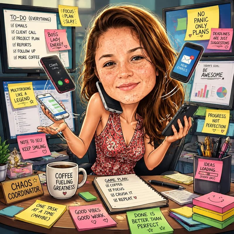 Caricature of a boss juggling phones at a desk piled with monitors and sticky notes