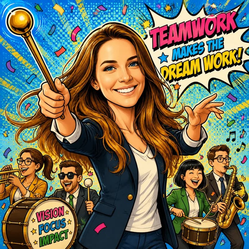 Caricature of a boss leading cheering coworkers like a marching band conductor with confetti