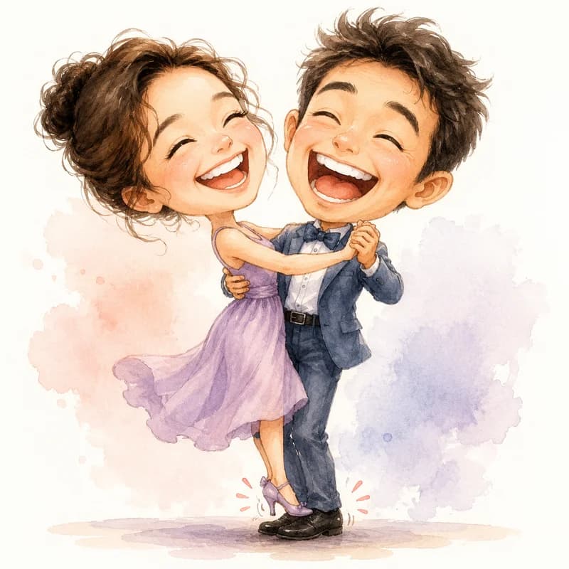 Caricature of a couple dancing, one partner comically standing on the other's toes