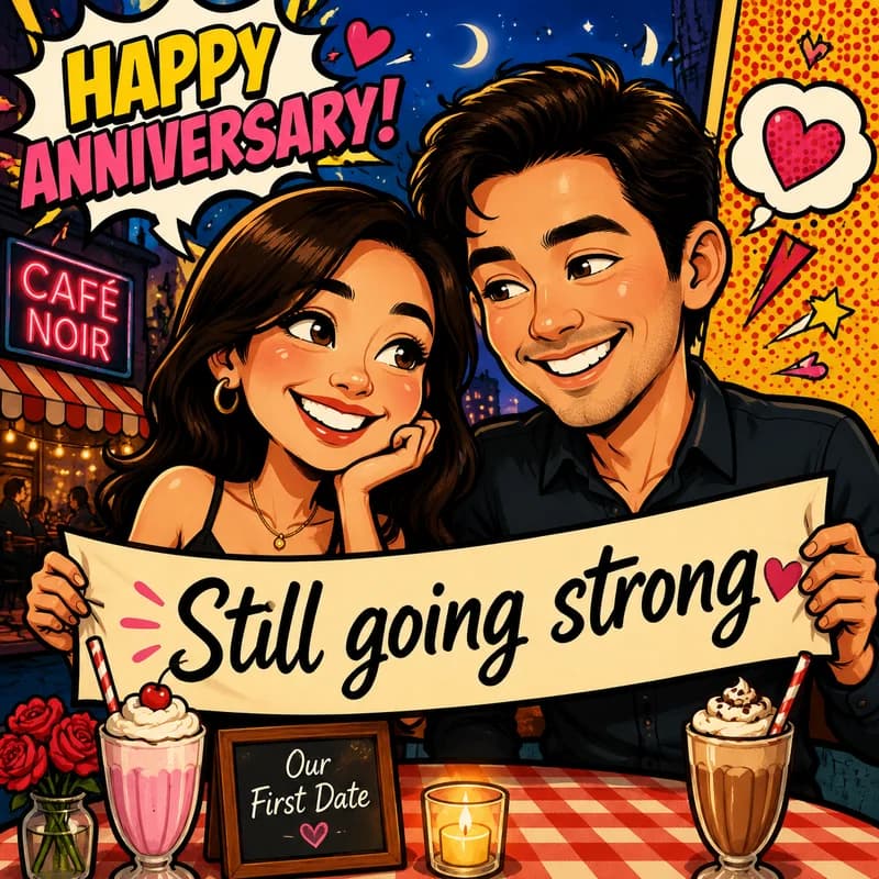 Caricature of a couple recreating their first date holding a 'Still going strong' banner