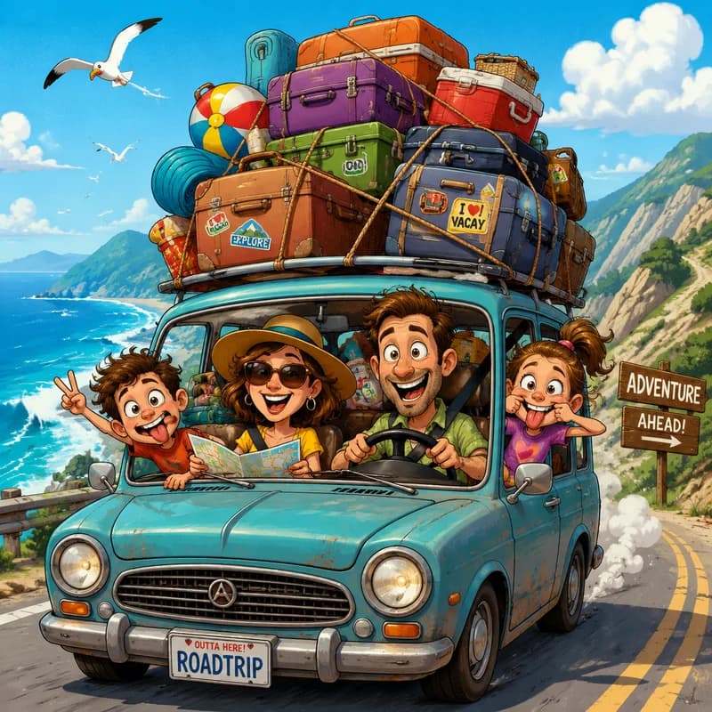 Caricature of a family road trip in an overloaded car with luggage piled on the roof