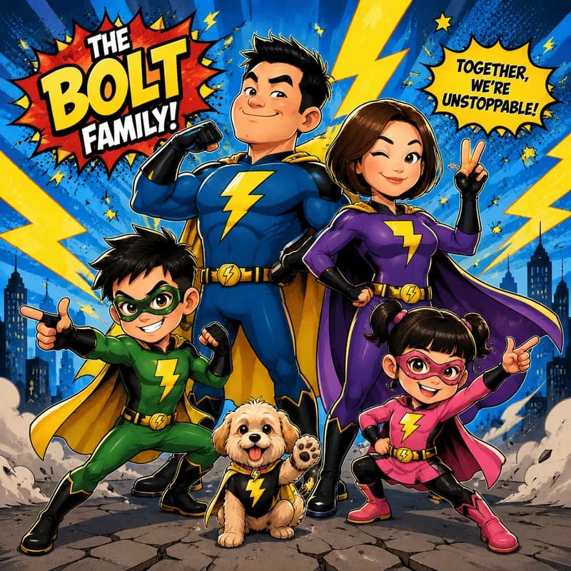 Caricature of a family as an original superhero team, each striking a signature pose