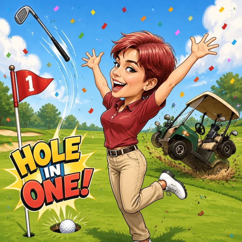 Caricature of a golfer celebrating a hole-in-one, throwing their club into the air