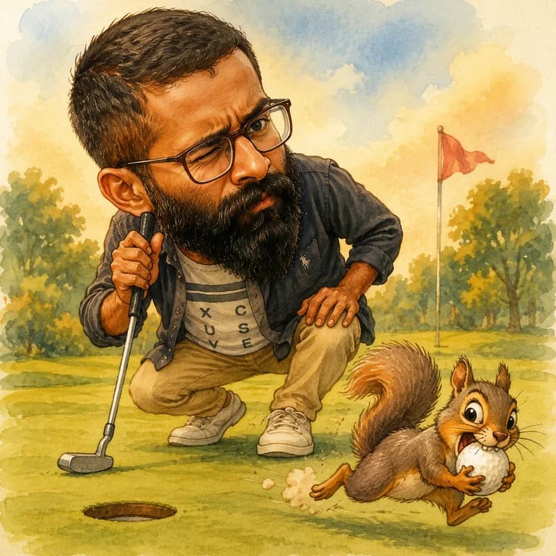 Caricature of a golfer lining up a putt while a squirrel steals their ball