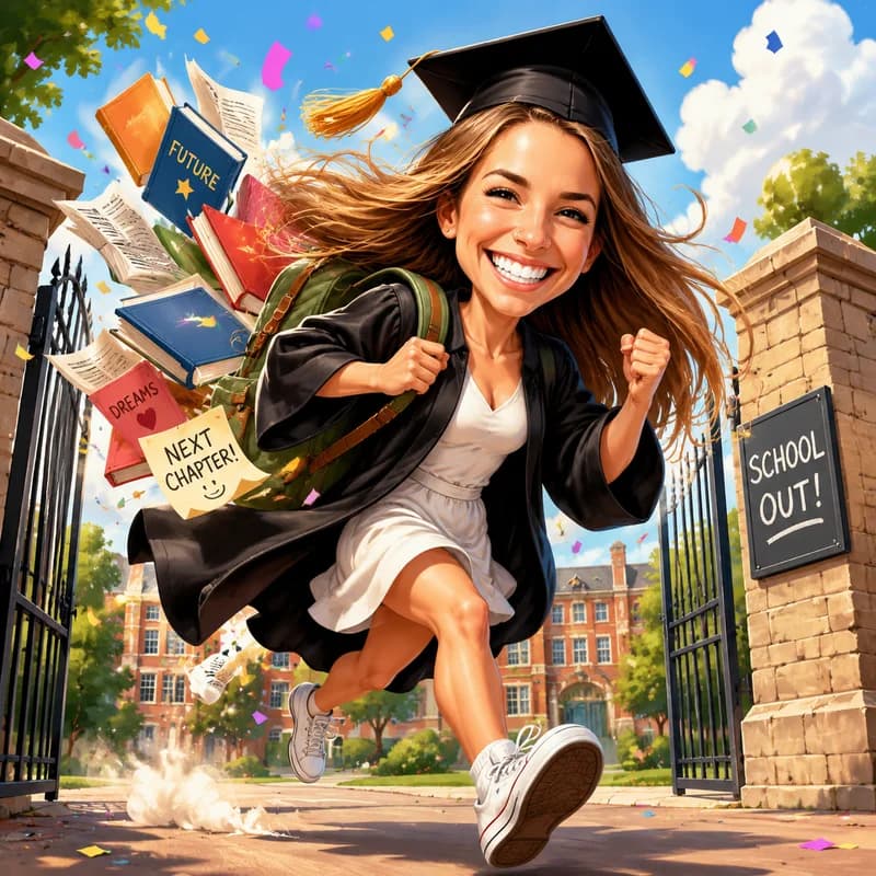 Caricature of a graduate sprinting out of the school gates, backpack exploding with books
