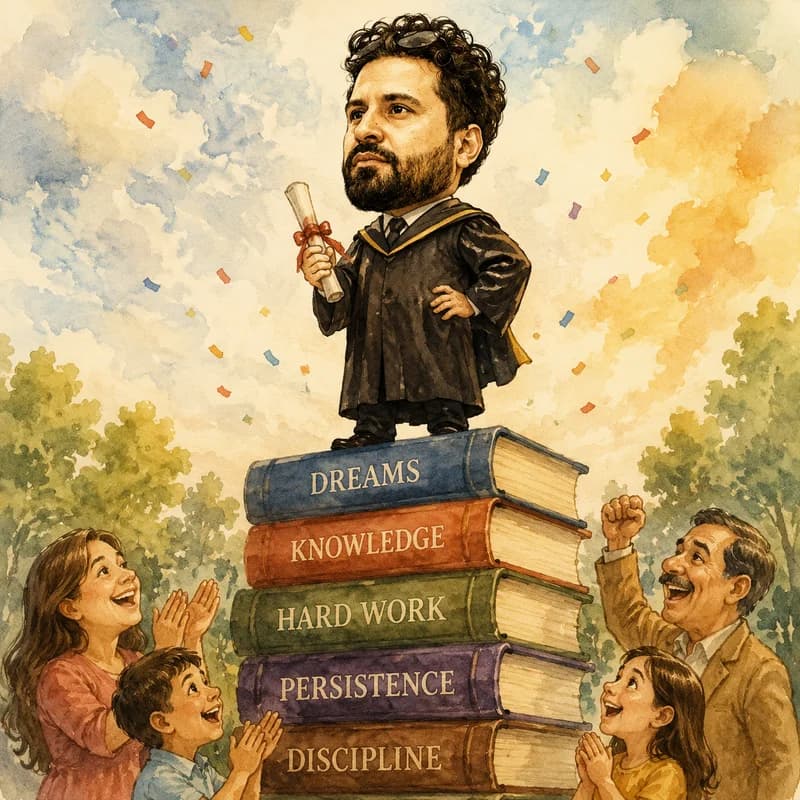 Caricature of a graduate standing on a stack of giant textbooks as family cheers below