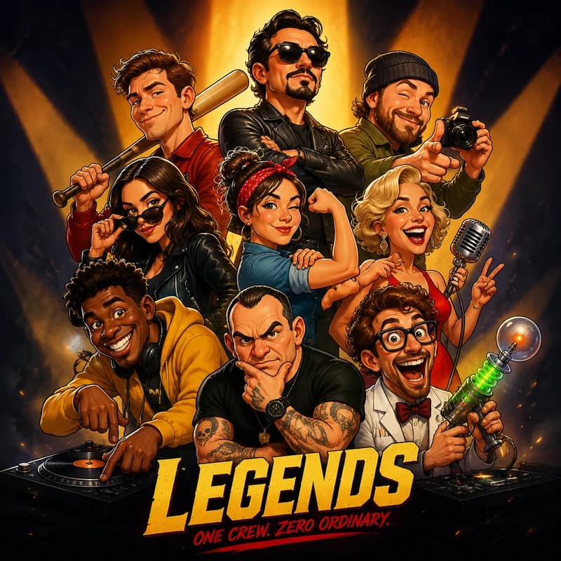 Group caricature of friends posing like a movie poster cast under dramatic spotlights