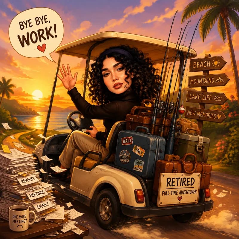 Caricature of a retiree riding a golf cart into the sunset, waving goodbye to paperwork