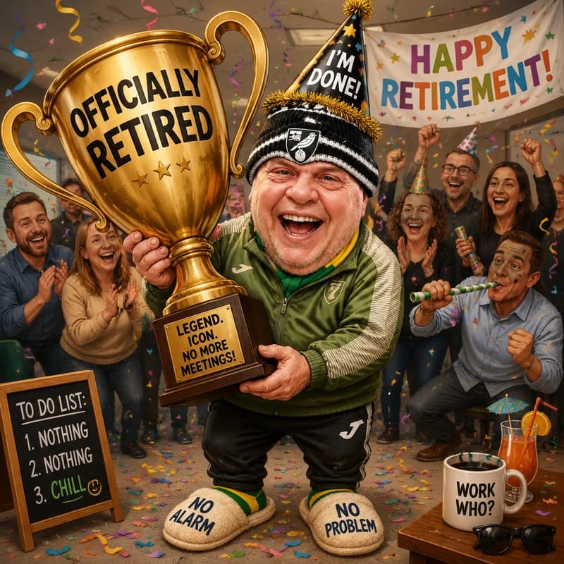 Caricature of a retiree holding a giant 'Officially Retired' trophy while coworkers cheer