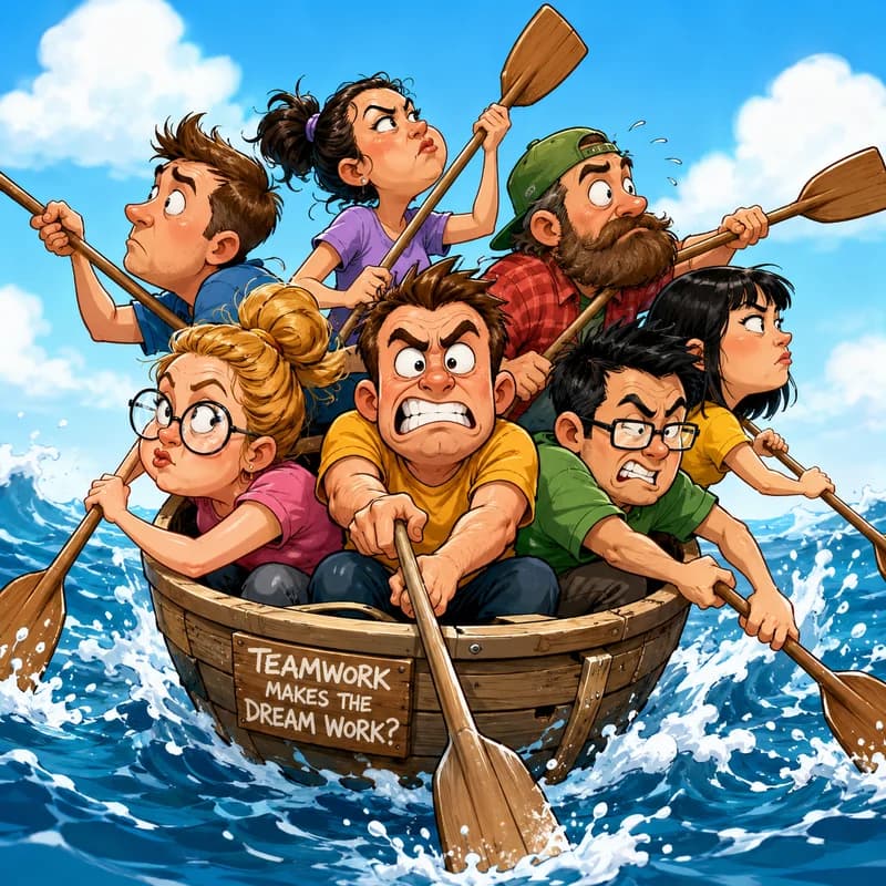 Caricature of a team crammed into one tiny rowboat, each paddling a different direction