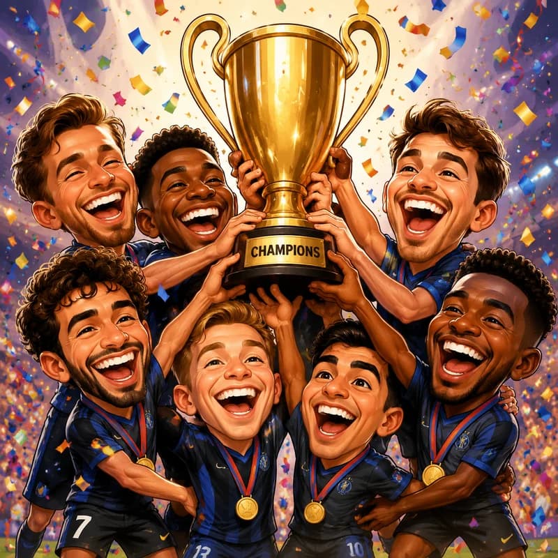 Caricature of a team lifting a giant trophy together as confetti rains down