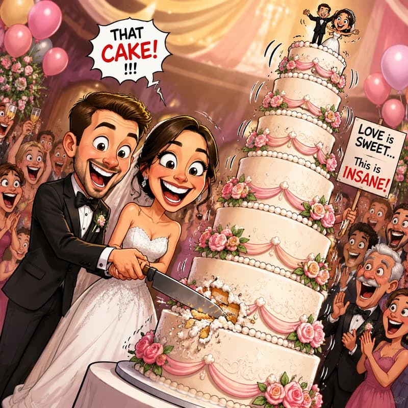 Caricature couple cutting a towering wedding cake together with joyful exaggerated expressions