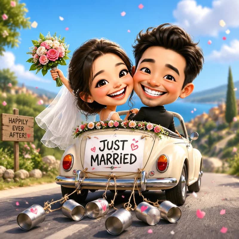 Caricature of a couple driving off in a tiny 'Just Married' car trailing cans