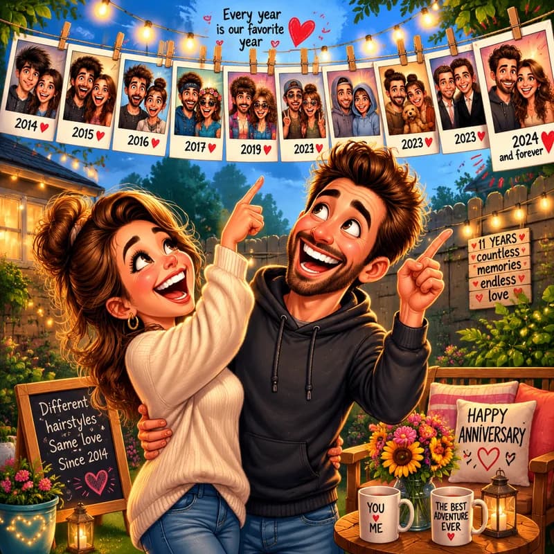 Anniversary caricature of a couple laughing at photos on a backyard clothesline