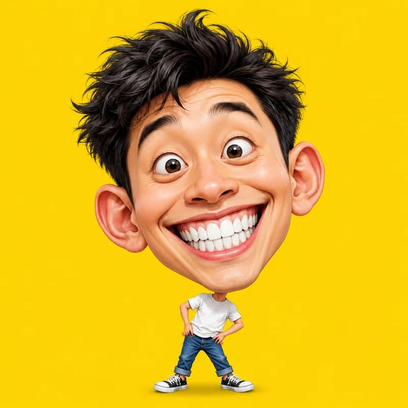 Big-head caricature with an oversized head on a tiny cartoon body