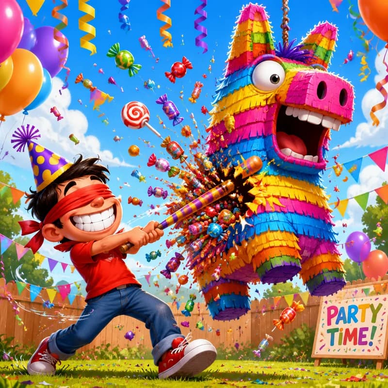 Caricature of a blindfolded person smashing an oversized birthday pinata