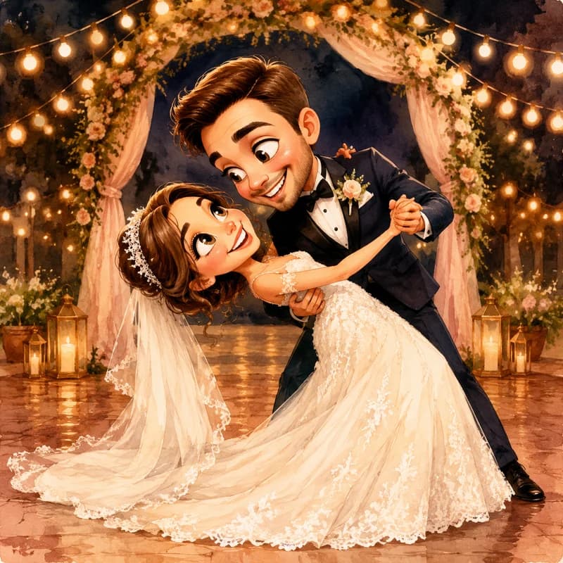 Caricature of a bride and groom dipping into their first dance under string lights