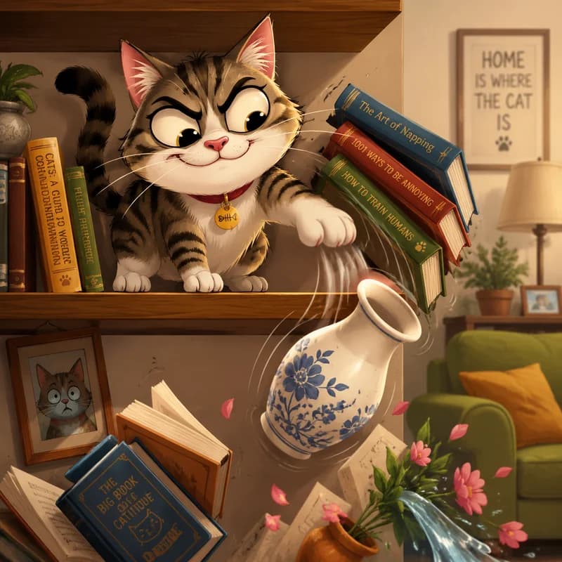Caricature of a cat knocking a vase off a shelf with a mischievous grin