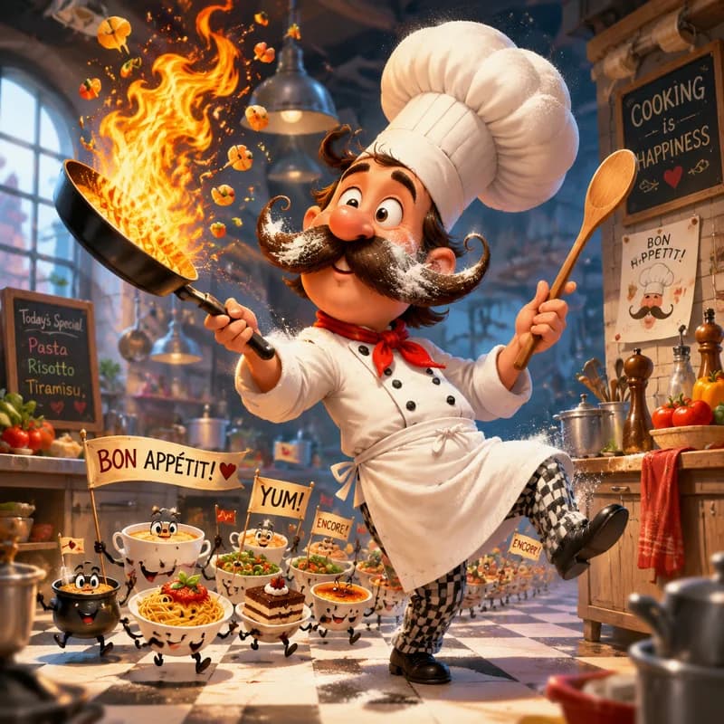 Caricature of a chef juggling a flaming pan in a busy cartoon kitchen