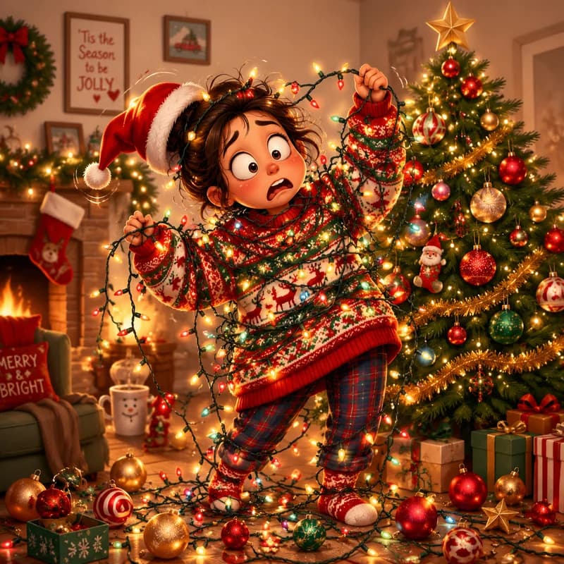 Caricature of a person tangled in Christmas lights while decorating a tree