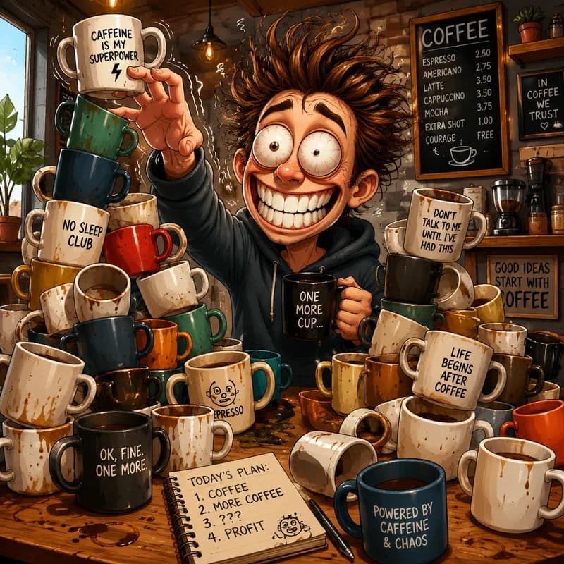 Caricature of a jittery coffee addict surrounded by empty mugs