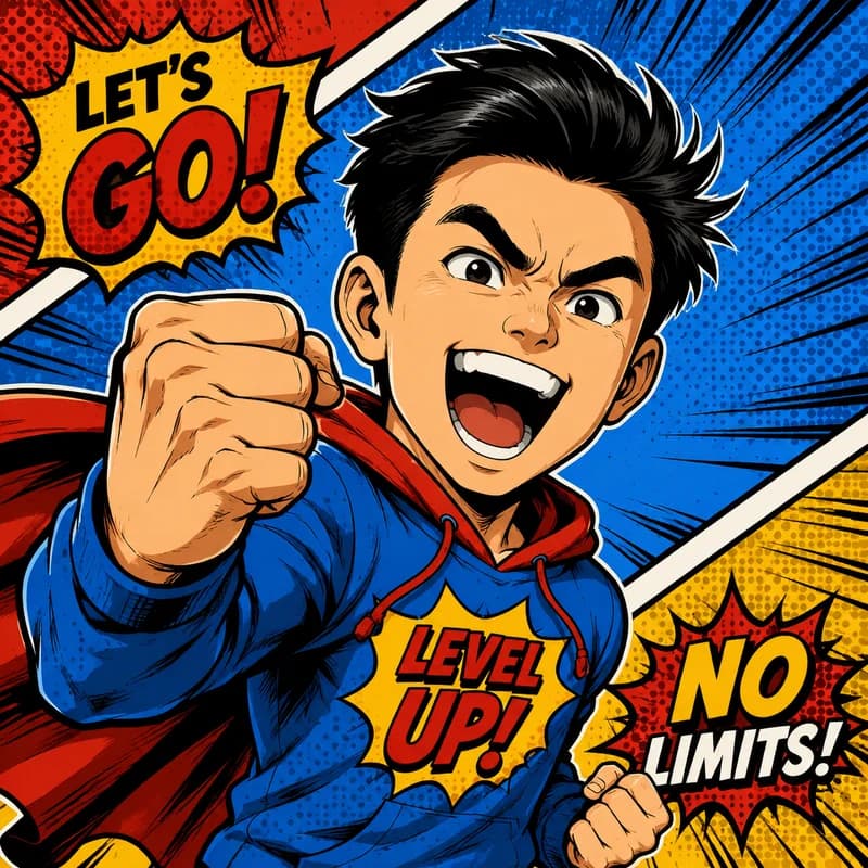 Comic-book style caricature with dynamic action lines and bold inking