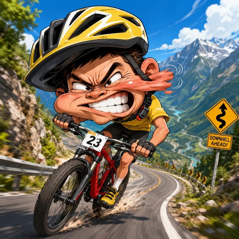 Caricature of a cyclist racing downhill with cheeks flapping in the wind