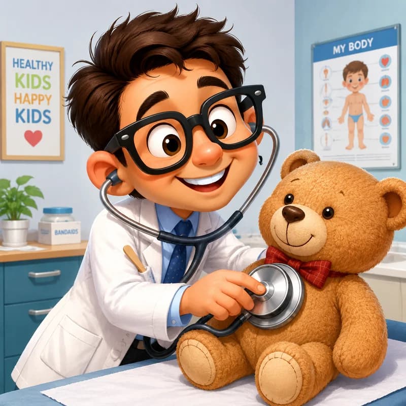 Caricature of a doctor holding an oversized stethoscope in a cartoon medical office