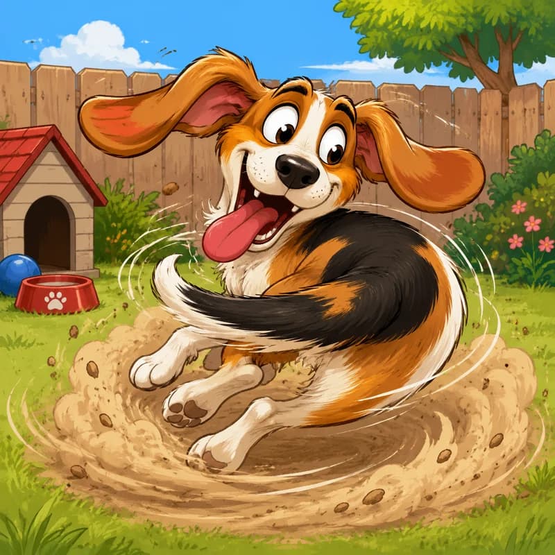 Caricature of a dog spinning in circles chasing its tail
