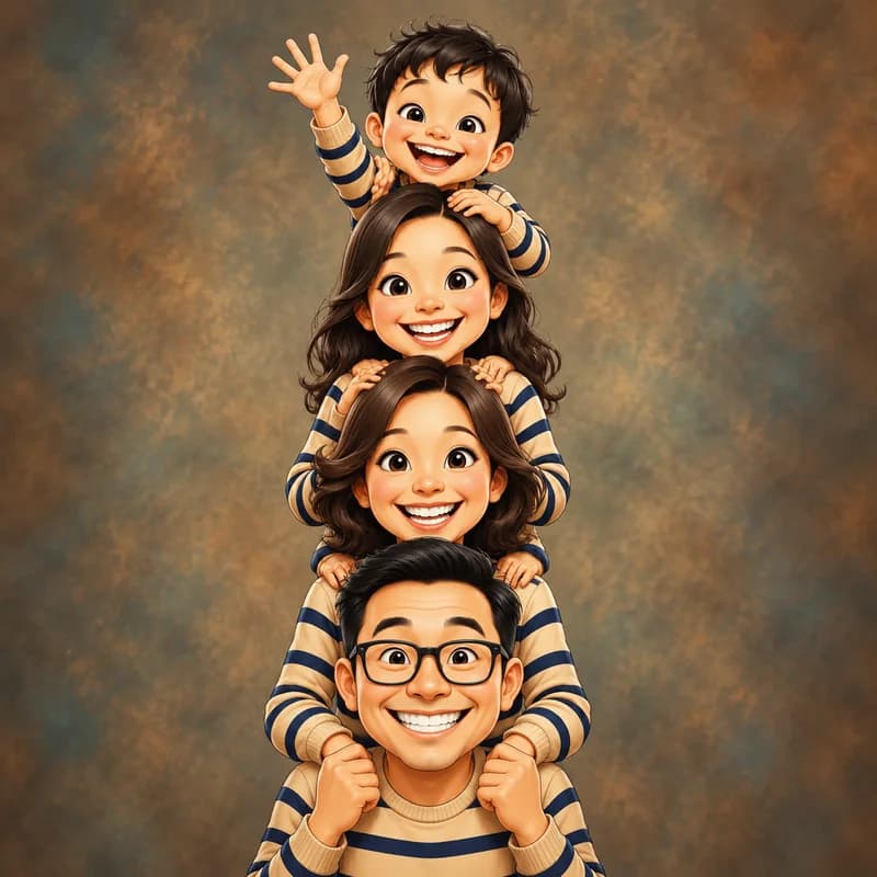 Caricature of a family stacked like a totem pole for a portrait photo