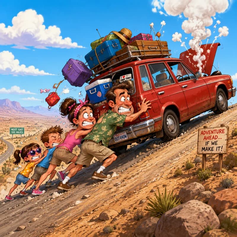 Caricature of a family pushing their smoking stalled car up a hill