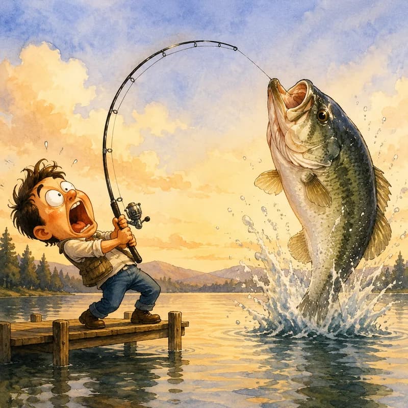 Caricature of a person reeling in a giant fish on a bent fishing rod
