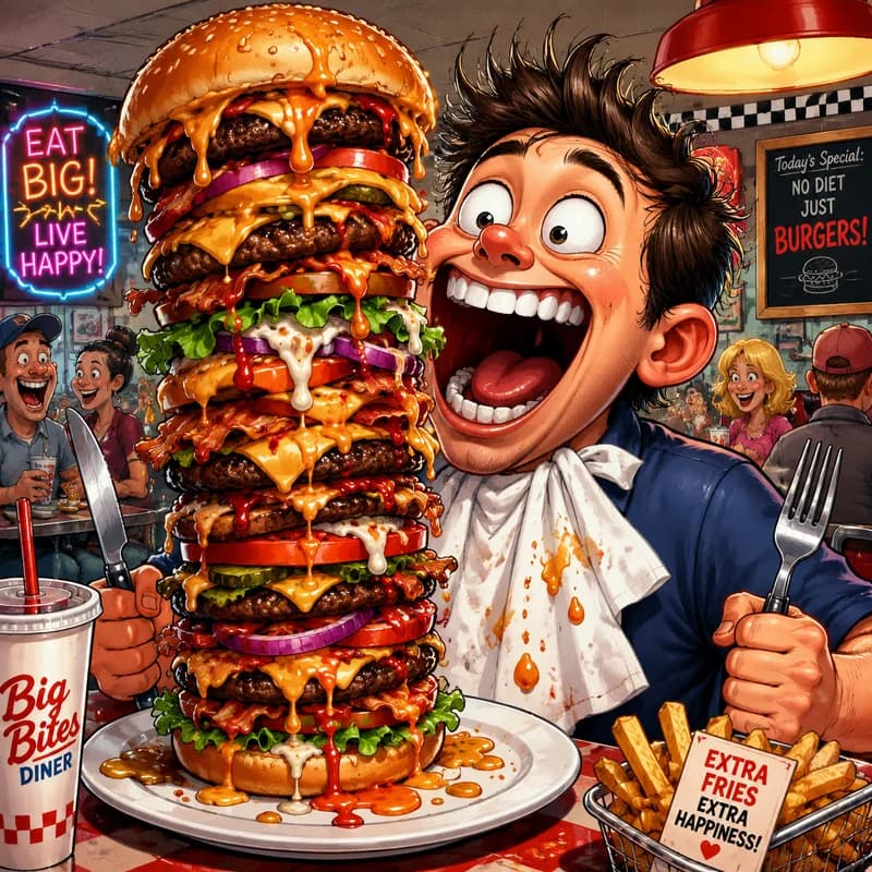 Caricature of a foodie eating a burger stacked taller than their head