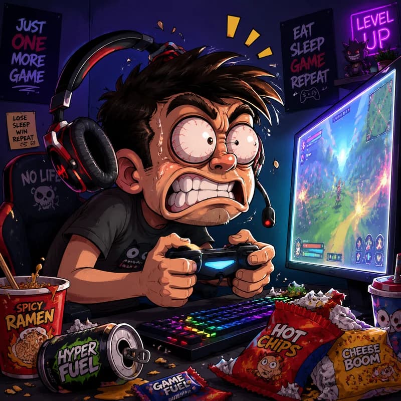 Caricature of a gamer hunched over a glowing screen with snack wrappers