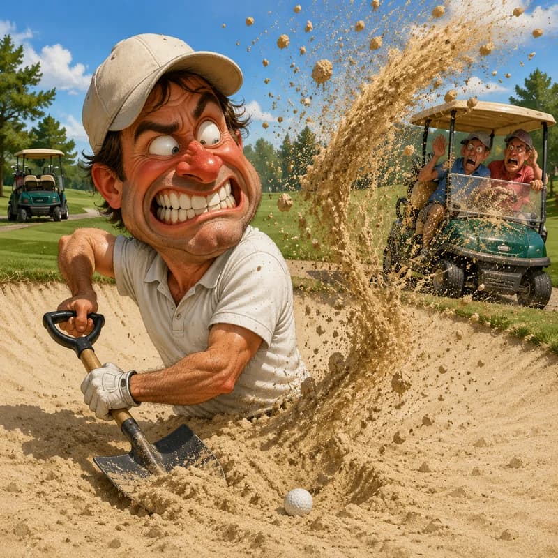 Caricature of a golfer digging out of a sand trap with sand flying everywhere