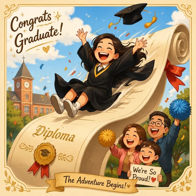 Graduation caricature of a person sliding down a giant diploma scroll