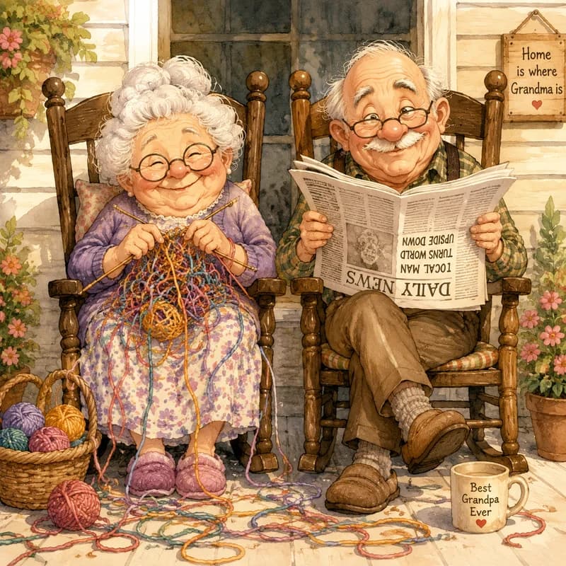 Caricature of grandparents in rocking chairs on a cozy porch