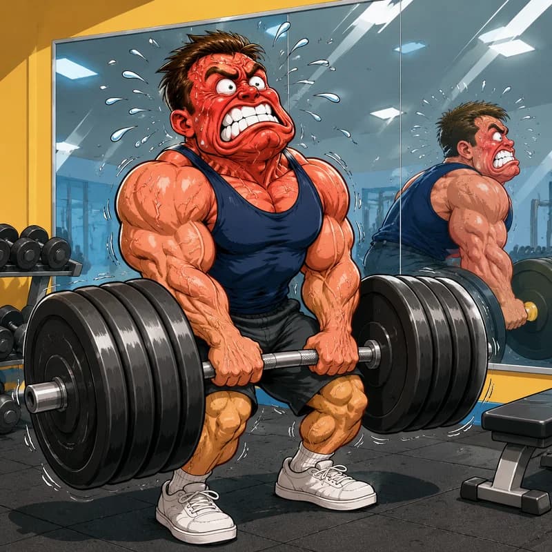 Caricature of a gym-goer straining to lift an oversized dumbbell