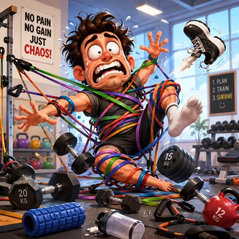 Caricature of a person tangled in gym equipment mid workout fail