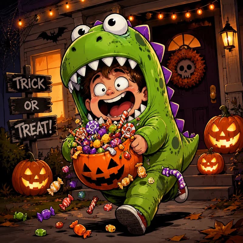 Caricature of a person in a silly Halloween costume with an overflowing candy bucket