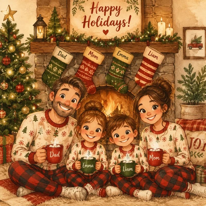 Caricature of a family posed by the fireplace for a holiday greeting card
