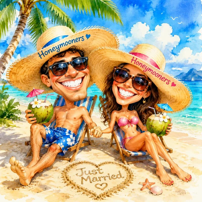 Caricature of a honeymooning couple relaxing on a tropical beach with drinks