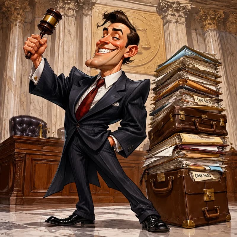 Caricature of a lawyer raising a gavel beside a towering stack of case files