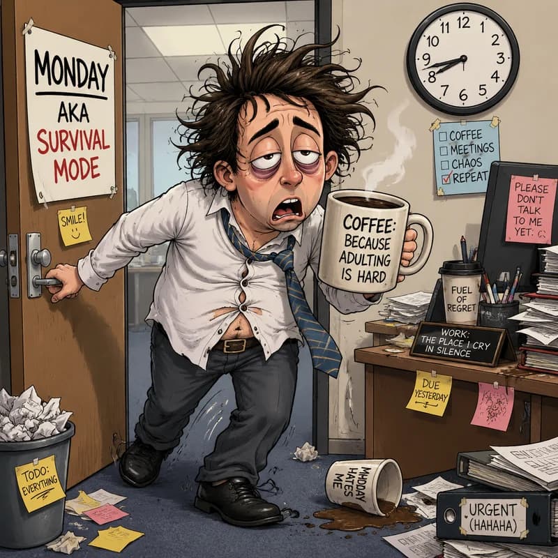 Caricature of a sleepy person dragging into work on Monday morning